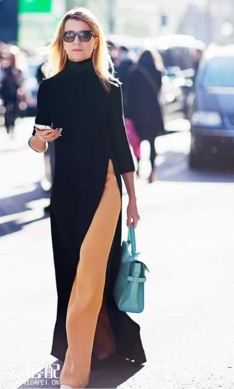 黑色针织连衣裙+棕色西裤